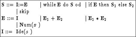 \fbox{\begin{minipage}{4.5in}
\begin{tabbing}
E ::= \= Ide(str)\quad \= while E ...
...\\
\>$\vert$\space Num($x$ ) \\
I ::=\> Ide($s$ )\end{tabbing}\end{minipage}}