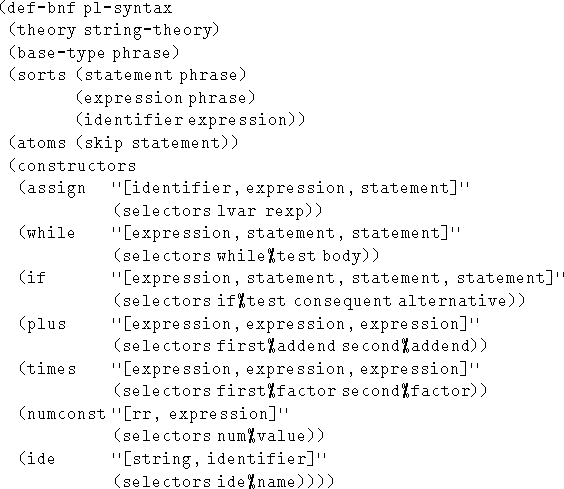 \begin{figure}\begin{tex2html_preform}\begin{verbatim}(def-bnf pl-syntax
(theor...
...''
(selectors ide%name))))\end{verbatim}\end{tex2html_preform} \par\end{figure}